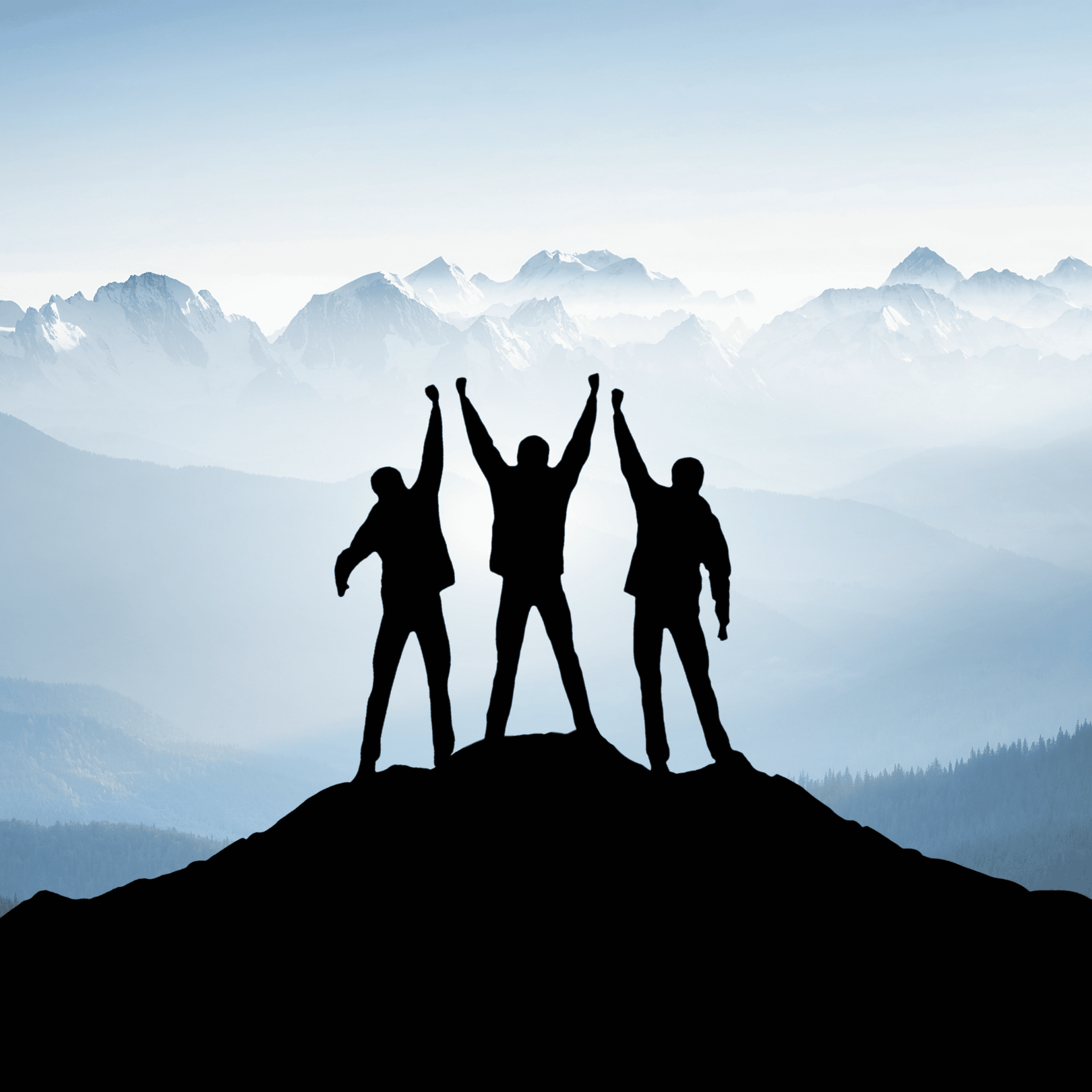 three people arms up